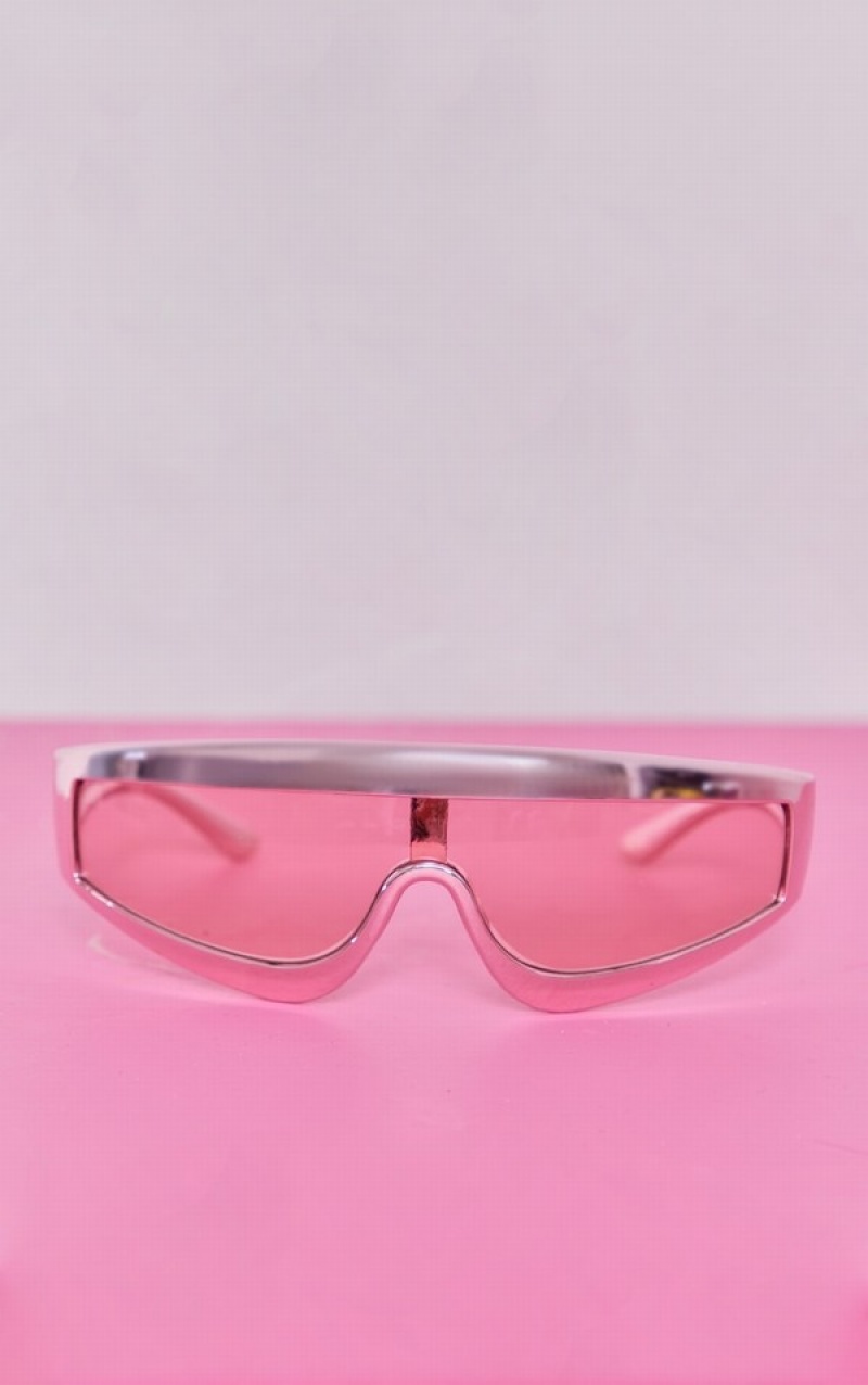 Pink Pretty Little Thing Curved Metallic Frame Visor Sunglasses | ZNBXEYV-07