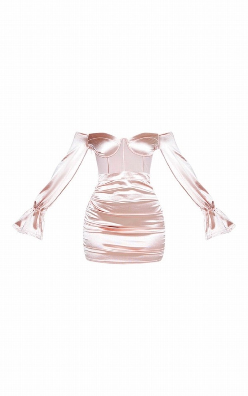 Pink Pretty Little Thing Dusty Bardot Satin Mesh Insert Ruched Bodycon Dresses | ZIBDXGK-02