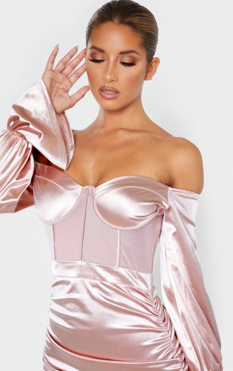 Pink Pretty Little Thing Dusty Bardot Satin Mesh Insert Ruched Bodycon Dresses | ZIBDXGK-02