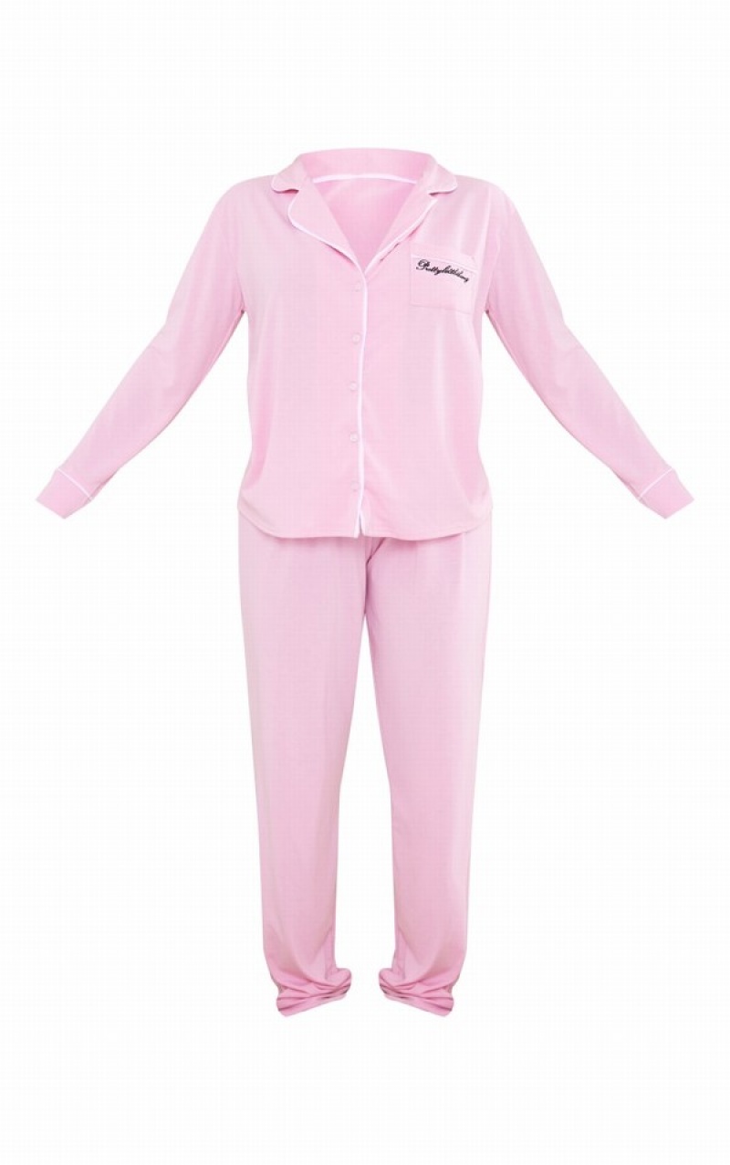 Pink Pretty Little Thing EmbroideJersey Piping Detail Long PJ Sleepwear | QJBRDGV-48