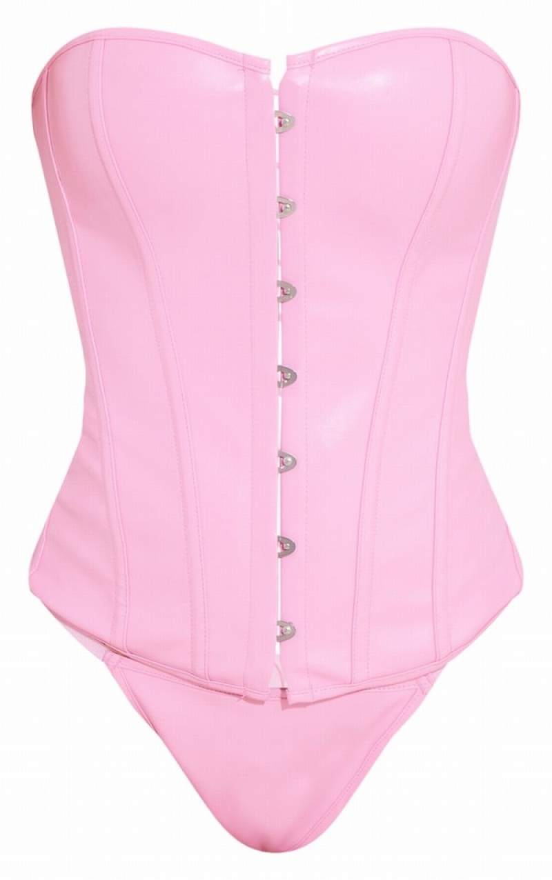 Pink Pretty Little Thing Faux Leather Front Hook Eye Corset Lingerie | BZJHFKW-15