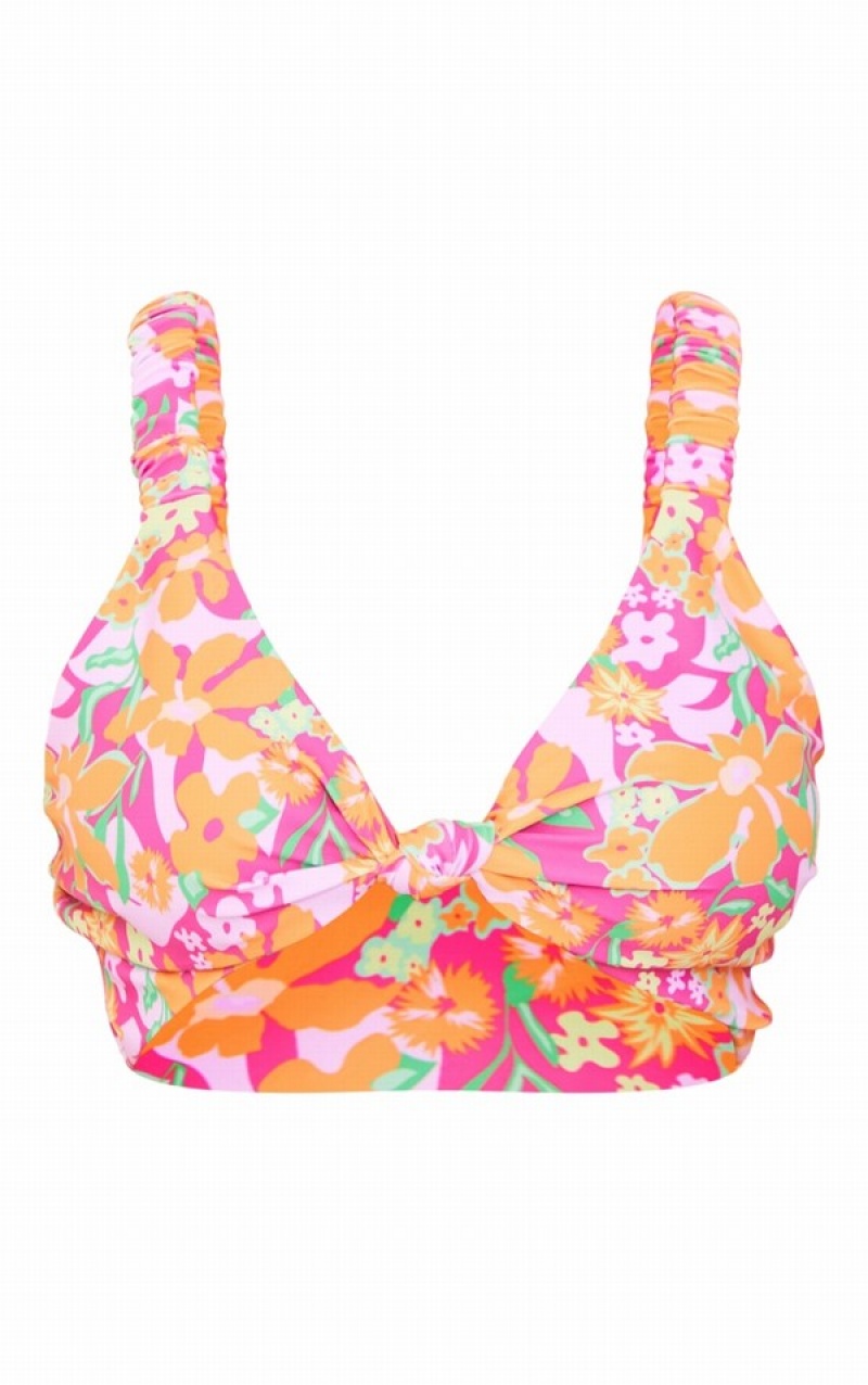 Pink Pretty Little Thing Floral Print Knotted Scrunchie Strap Bikini Tops | UCEYTAG-03