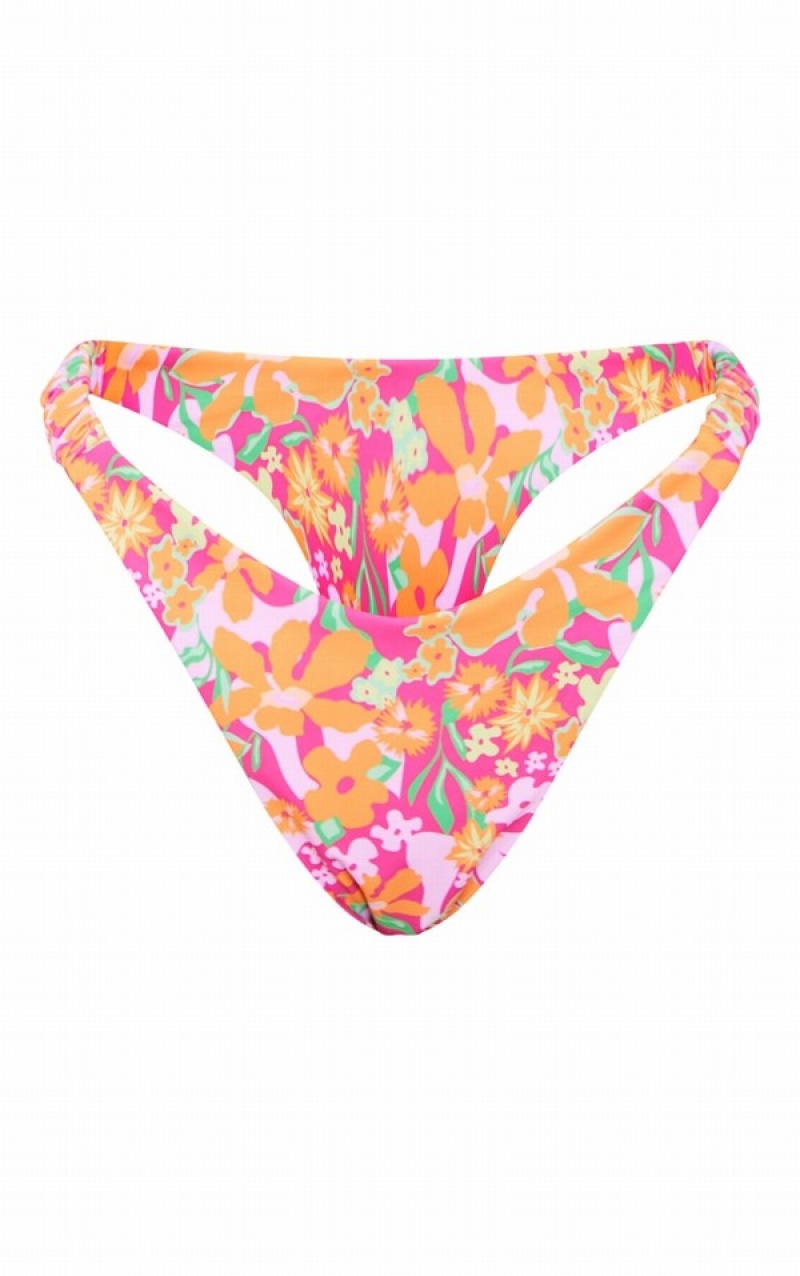 Pink Pretty Little Thing Floral Print Scrunchie Strap Bikini Bottoms | YWLNBVD-91