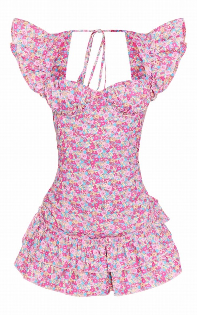 Pink Pretty Little Thing Floral UnderwiFrill Strappy Back Bodycon Dresses | XRAUKHF-16