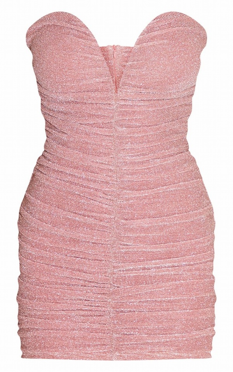 Pink Pretty Little Thing Glitter Bandeau V Bar Ruched Bodycon Dresses | RCIBZKP-94