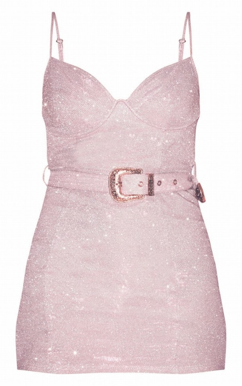 Pink Pretty Little Thing Glitter Strappy Detail Bodycon Dresses | XBMAPJK-95