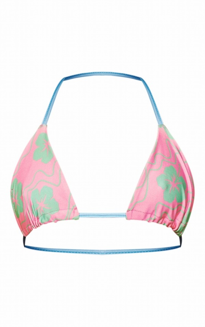 Pink Pretty Little Thing Hawaiian Print Contrast Binding Triangle Bikini Tops | GLHJTON-19