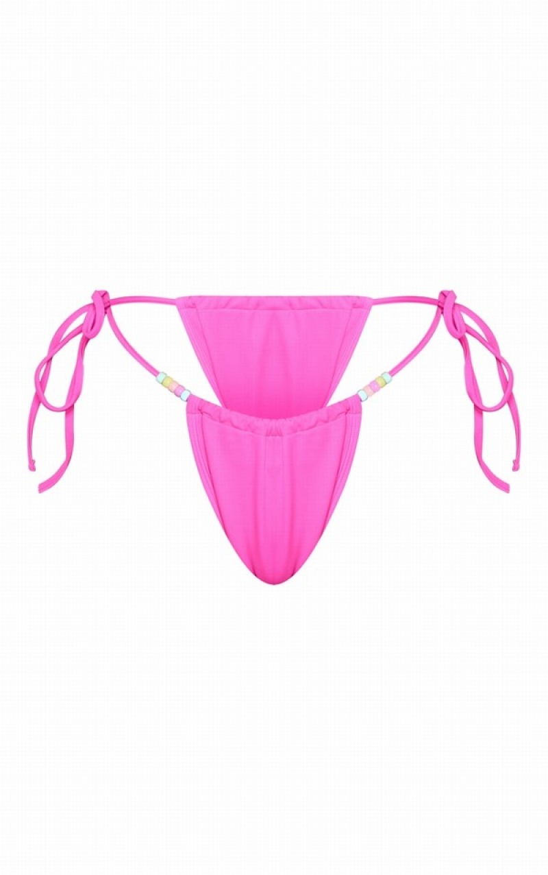 Pink Pretty Little Thing Hot Beaded Strap Ruched Tie Side Bikini Bottoms | OXRAKSU-34