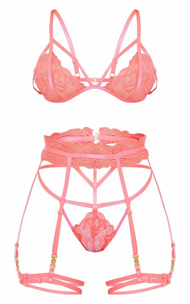 Pink Pretty Little Thing Hot Floral EmbroideLace Harness Detail 3 Piece Lingerie | STLXFGC-18