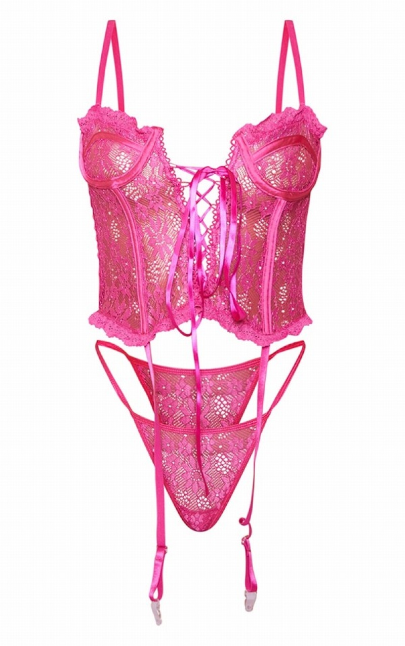 Pink Pretty Little Thing Hot Floral Lace Up Corset Lingerie | KZELPRY-94