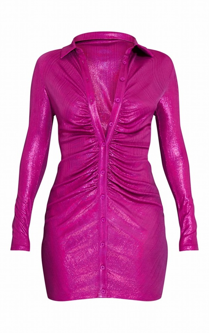 Pink Pretty Little Thing Hot Metallic Long Sleeve Ruched Dresses | EUJCIGN-50