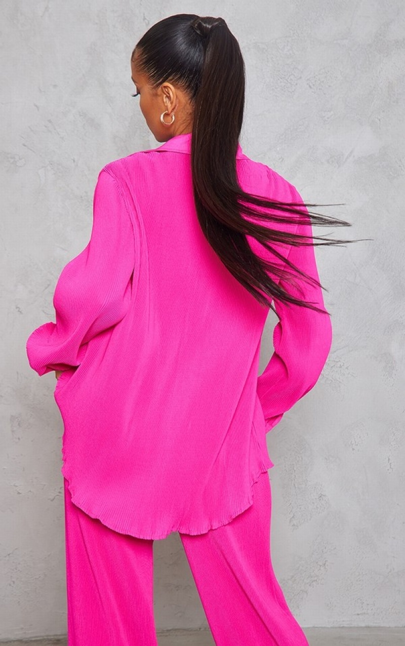 Pink Pretty Little Thing Hot Plisse Button Front Oversized Shirts | GLDVMTP-46