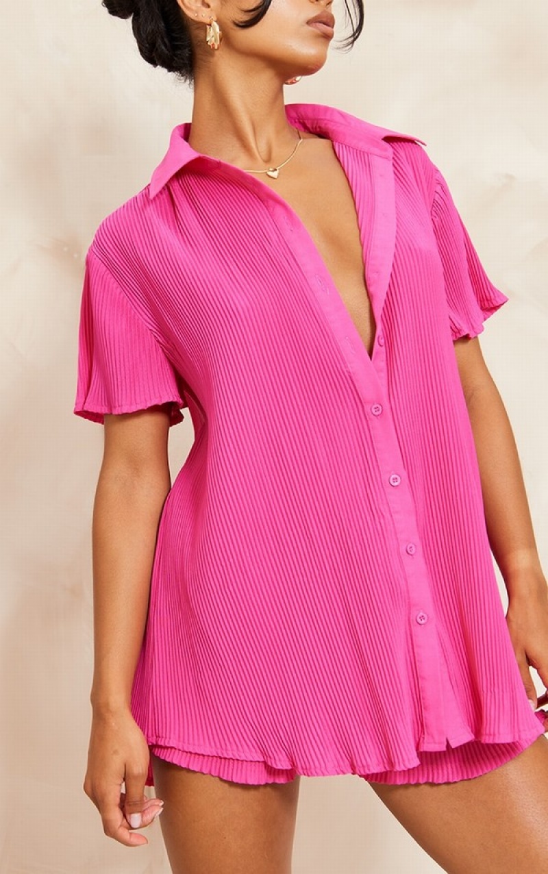 Pink Pretty Little Thing Hot Plisse Button Front Oversized Sleeve Shirts | ZDSYVHQ-76