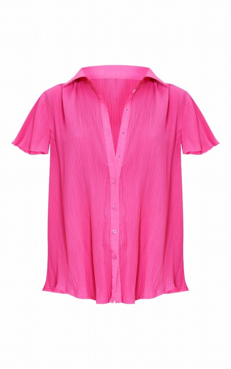 Pink Pretty Little Thing Hot Plisse Button Front Oversized Sleeve Shirts | ZDSYVHQ-76