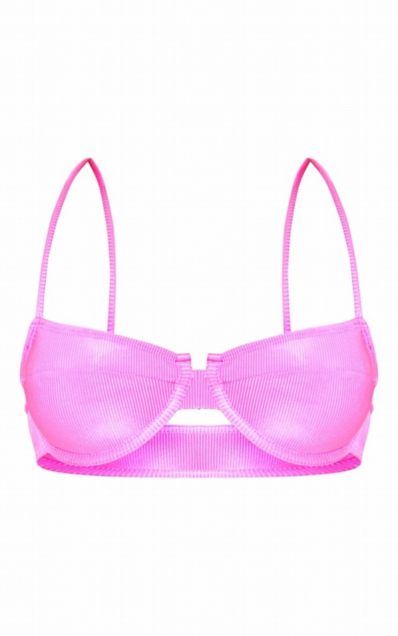 Pink Pretty Little Thing Hot Ribbed Underwired Bikini Tops | QKGHXIJ-87