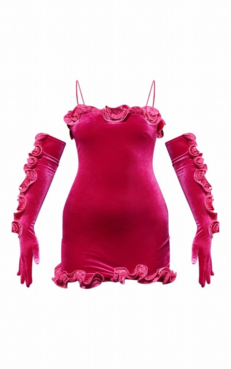 Pink Pretty Little Thing Hot Ruffle Edge Glove Detail Strappy Velvet Bodycon Dresses | FNLUMDT-09