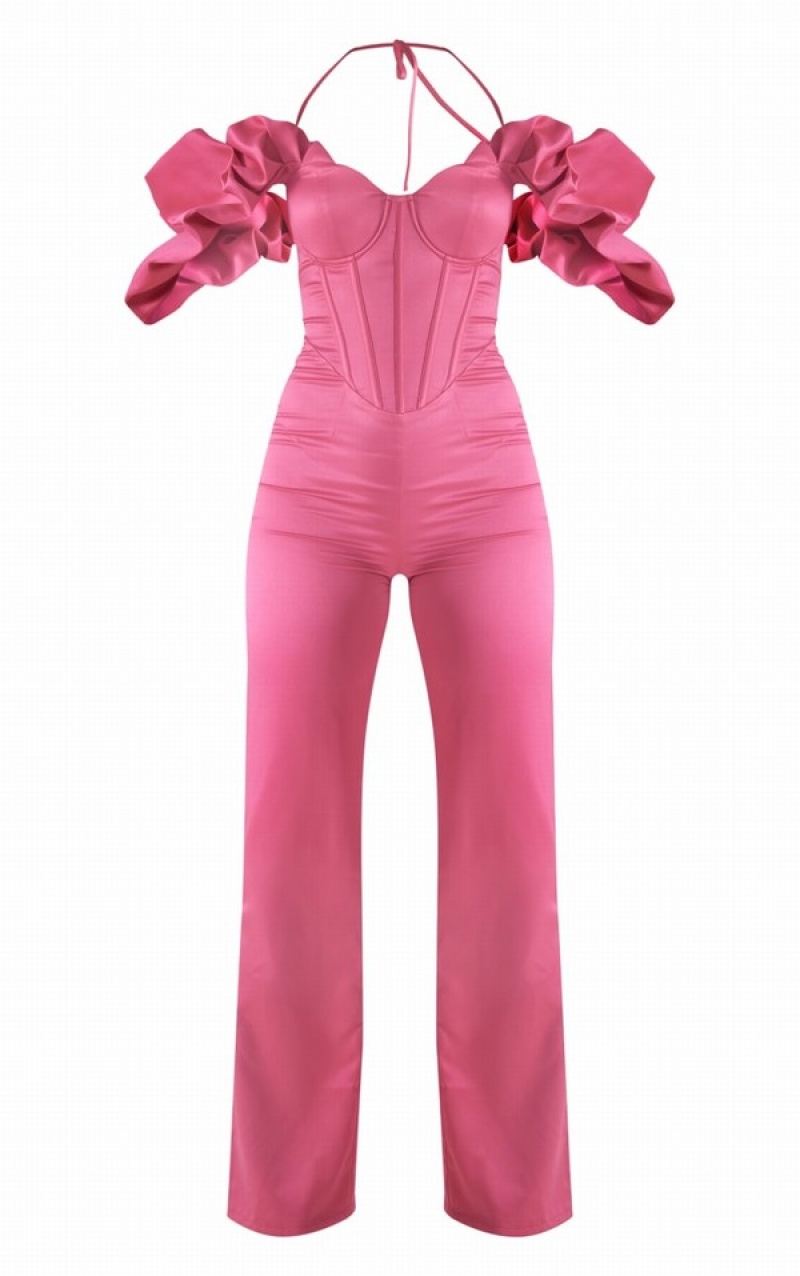 Pink Pretty Little Thing Hot Ruffle Sleeve Cup Detail Halter Strap Jumpsuits | UCWSKLD-62