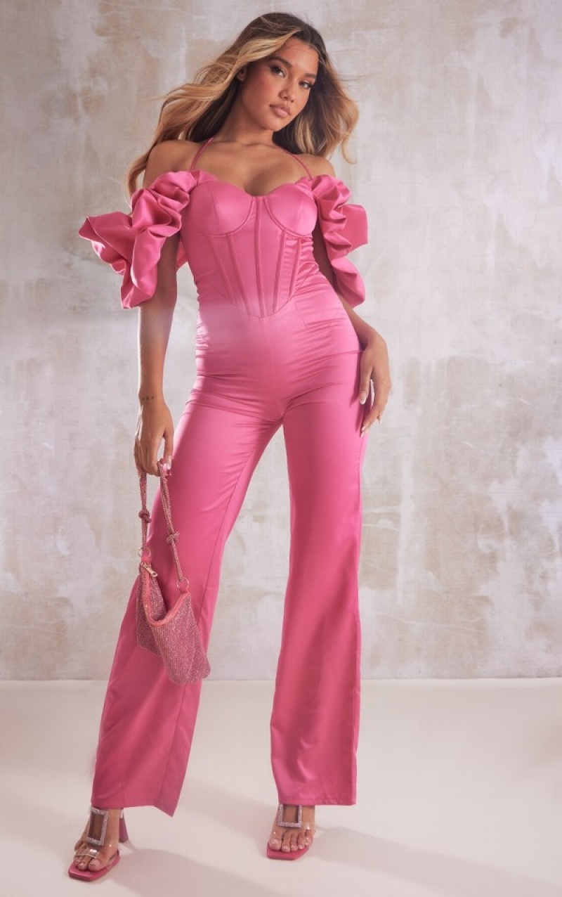 Pink Pretty Little Thing Hot Ruffle Sleeve Cup Detail Halter Strap Jumpsuits | UCWSKLD-62