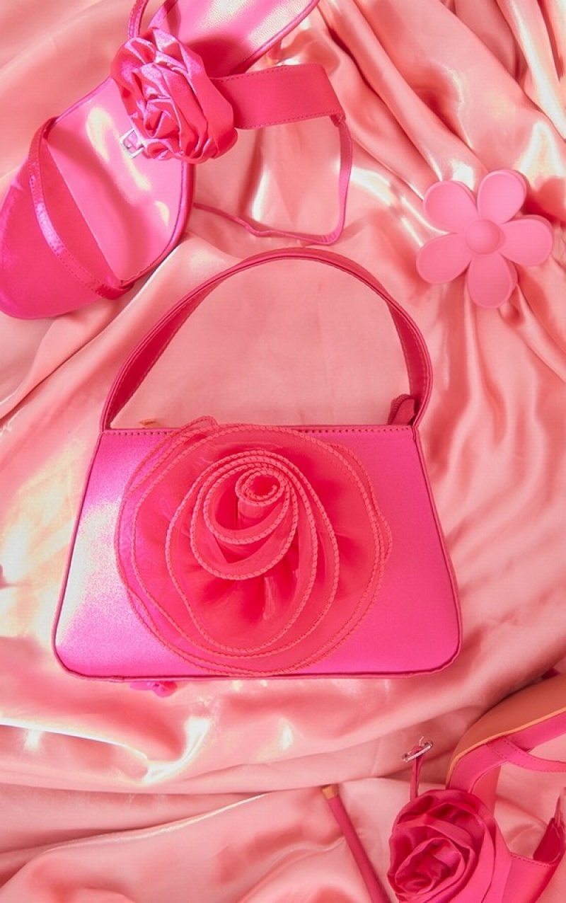 Pink Pretty Little Thing Hot Satin Organza Corsage Handbag | TXIBWQP-46