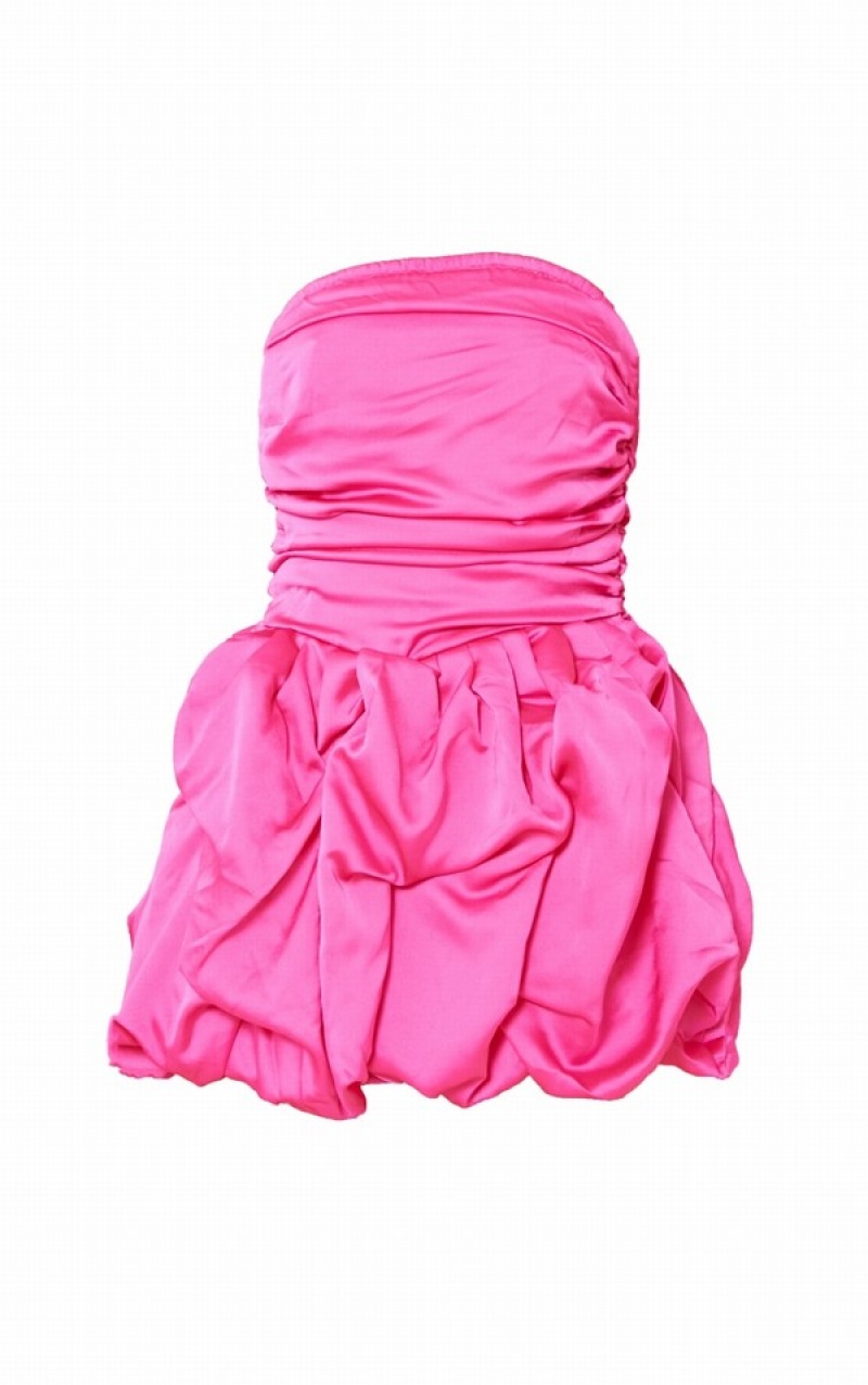 Pink Pretty Little Thing Hot Satin Ruched Bandeau Puff Ball Dresses | FWQHUIE-56