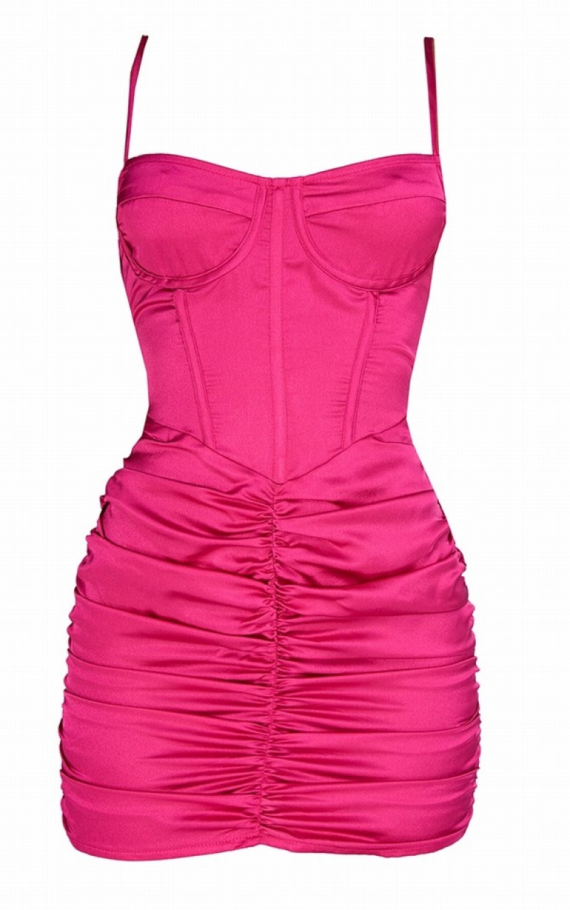 Pink Pretty Little Thing Hot Satin Strappy Corset Detail Ruched Bodycon Skirts | MBFKXLT-98