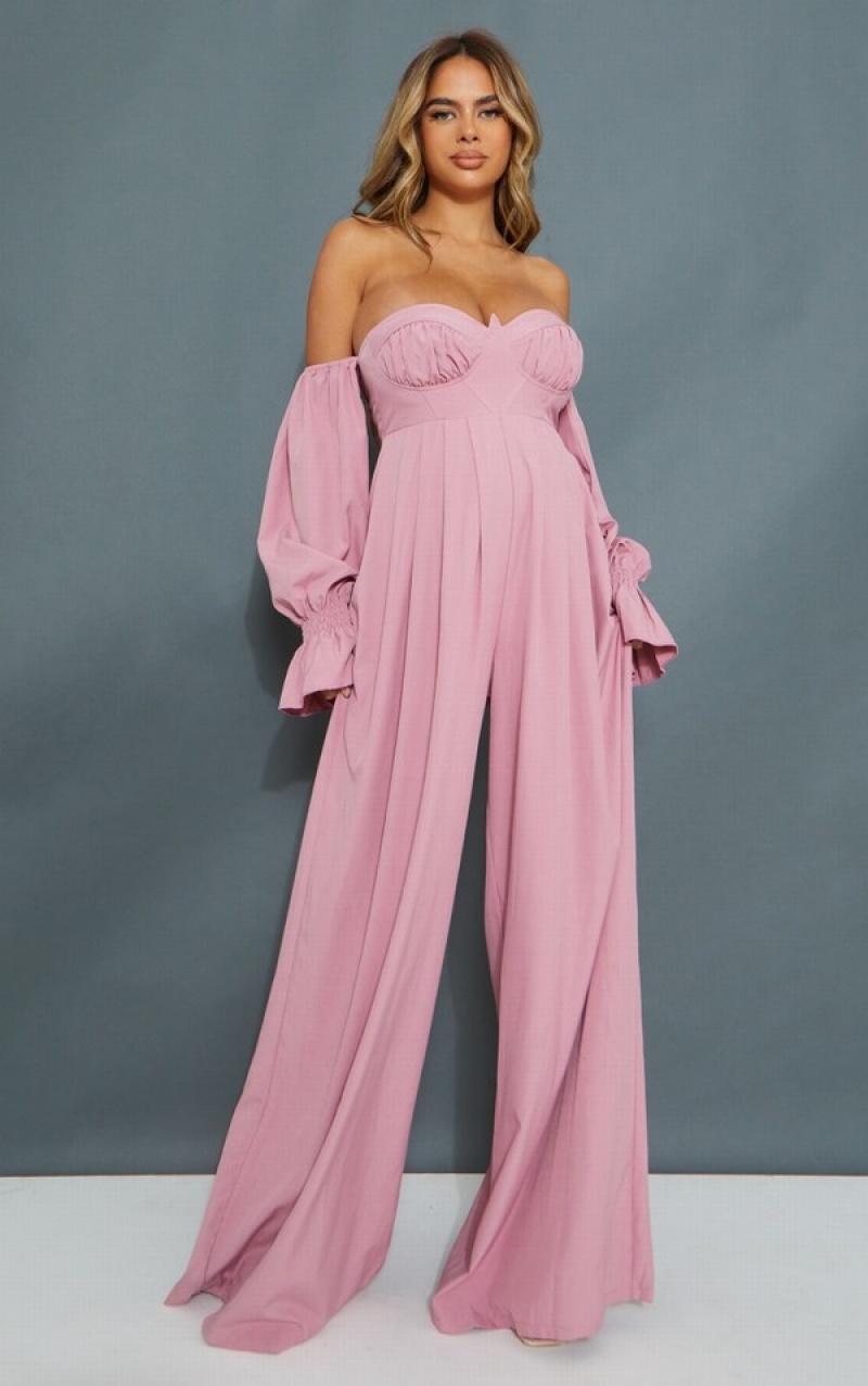 Pink Pretty Little Thing Maternity Corset Detail Bardot Wide Leg Jumpsuits | QCUSEGD-54