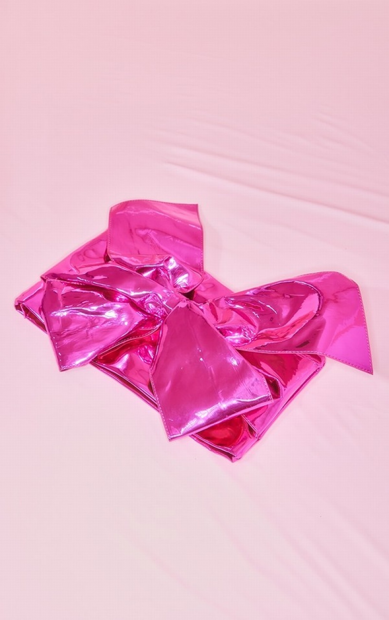 Pink Pretty Little Thing Metallic Oversized Bow Clutch Bags | RELDYIS-02