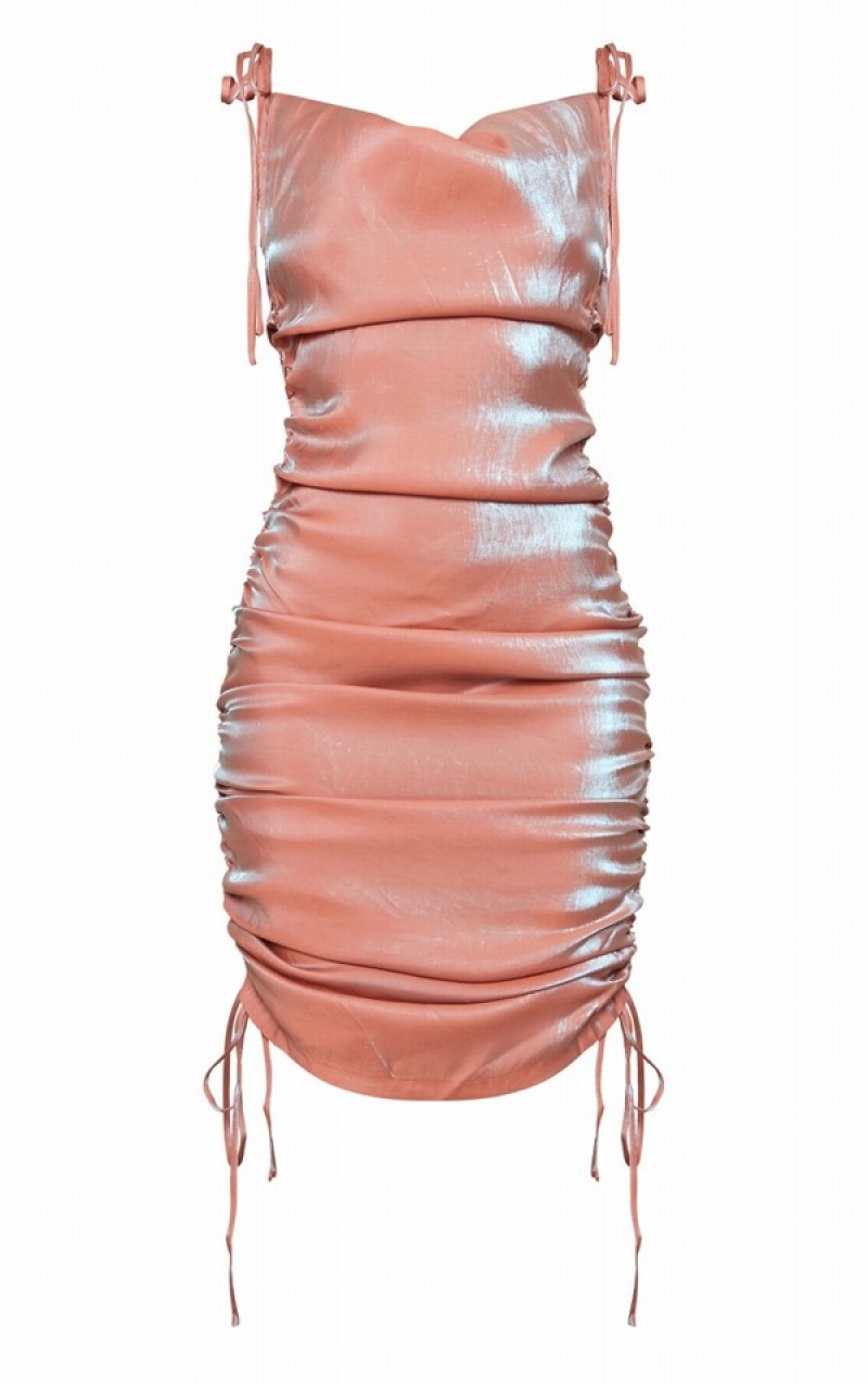 Pink Pretty Little Thing Metallic Shimmer Cowl Neck Tie Strap Dresses | JVRFNGO-38