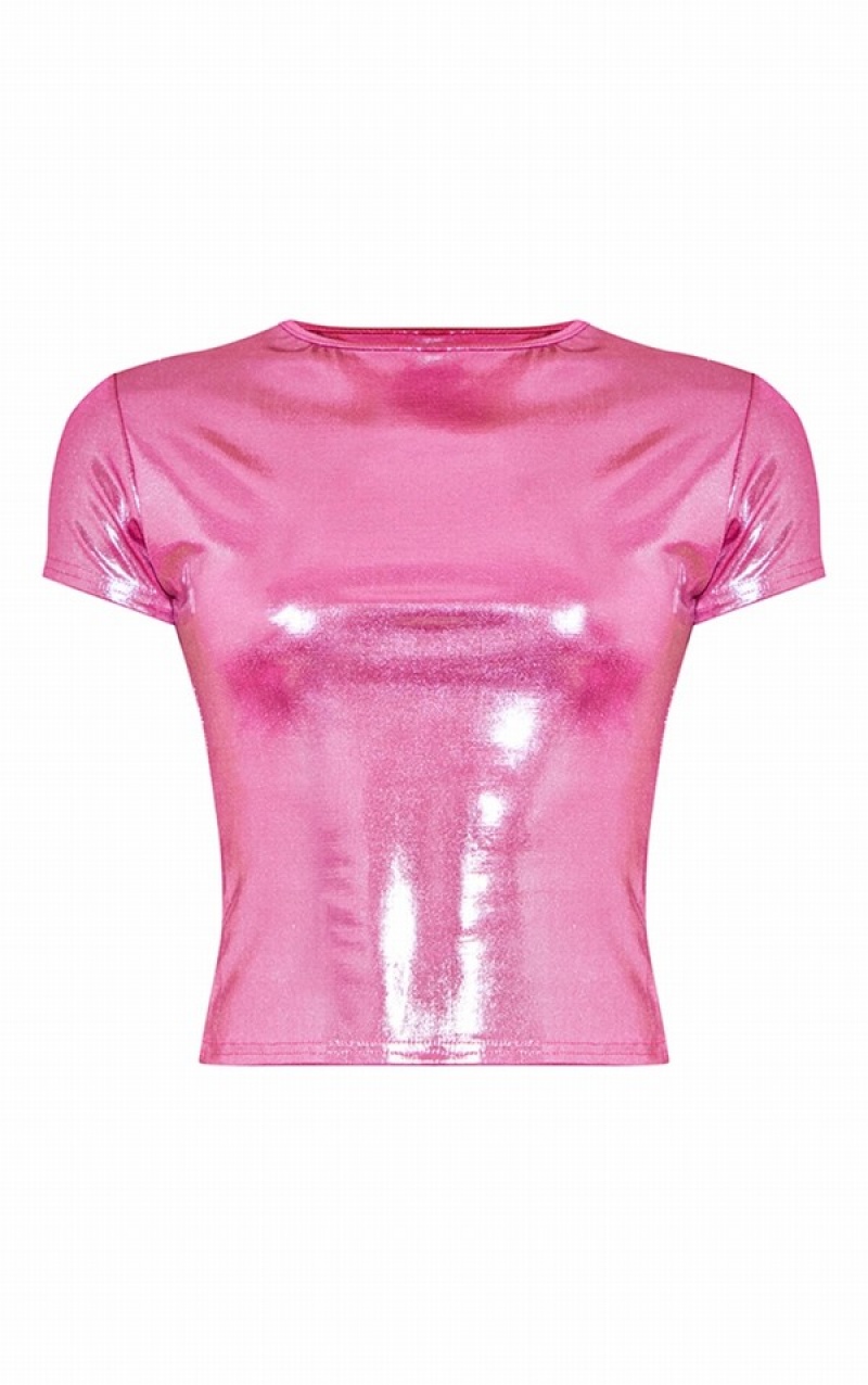 Pink Pretty Little Thing Metallic Sleeve Long Tshirt T-shirts | DXVAQTW-60