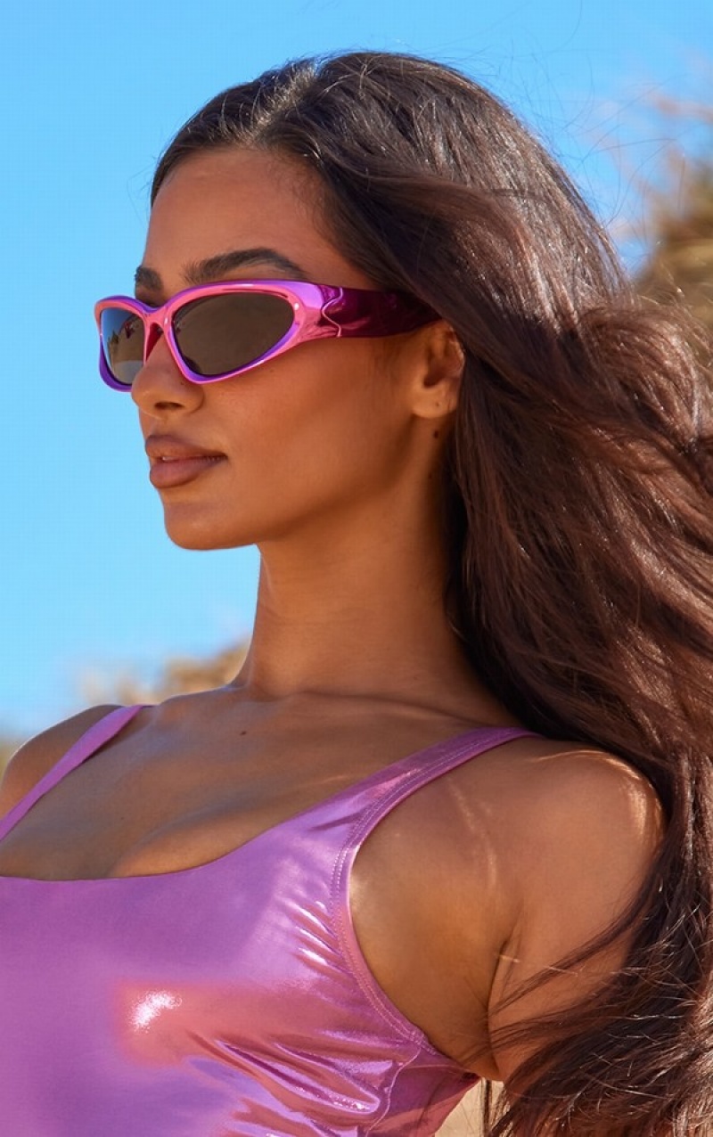 Pink Pretty Little Thing Metallic Sporty Visor Sunglasses | OPXMKHG-87