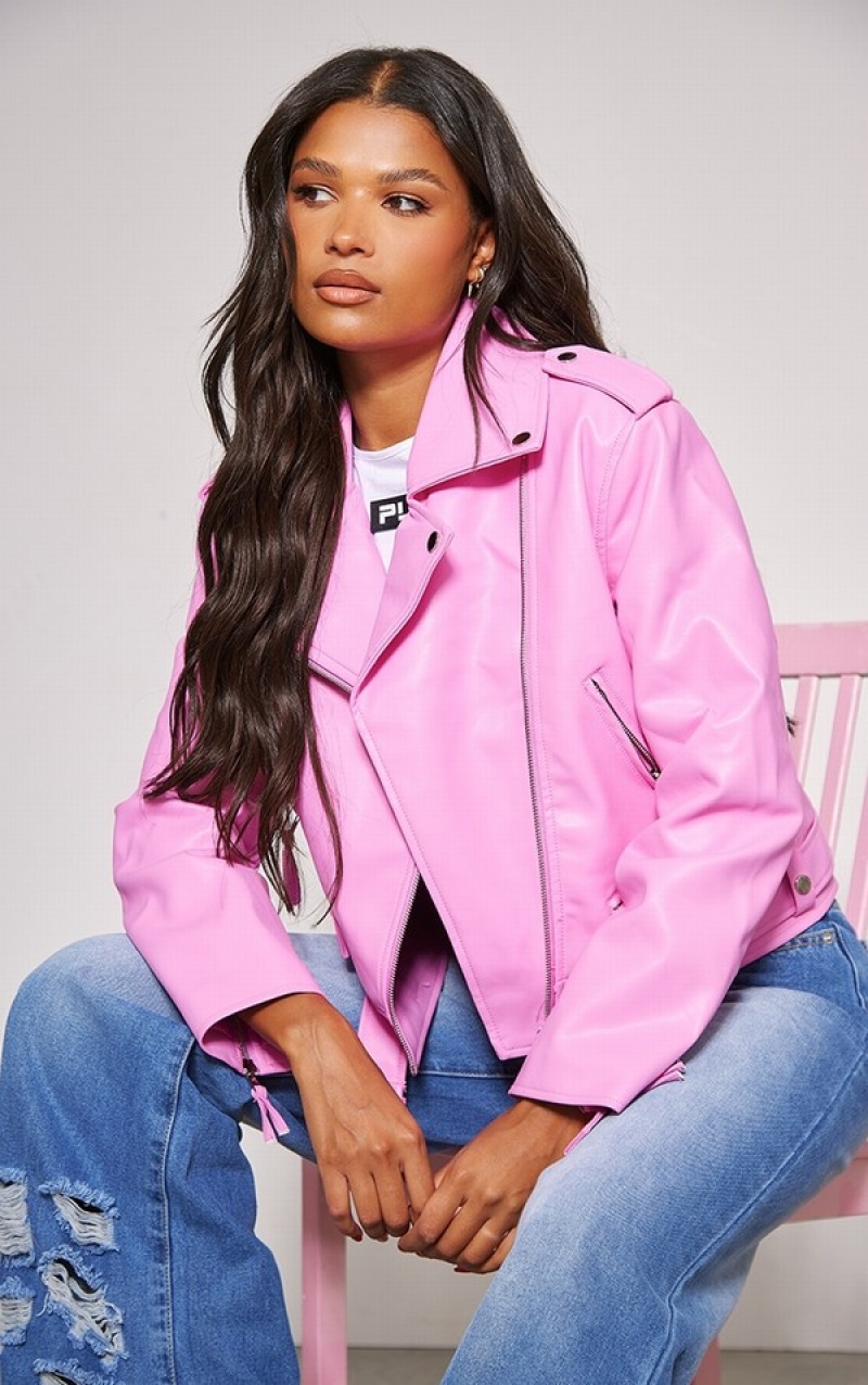 Pink Pretty Little Thing Oversized Faux Leather Quilted Biker Jackets | IMFRWYX-71