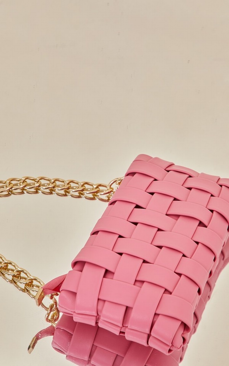 Pink Pretty Little Thing Oversized Weave With Chain Shoulder Bags | HRAVKYO-28