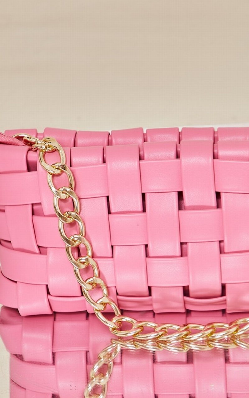 Pink Pretty Little Thing Oversized Weave With Chain Shoulder Bags | HRAVKYO-28