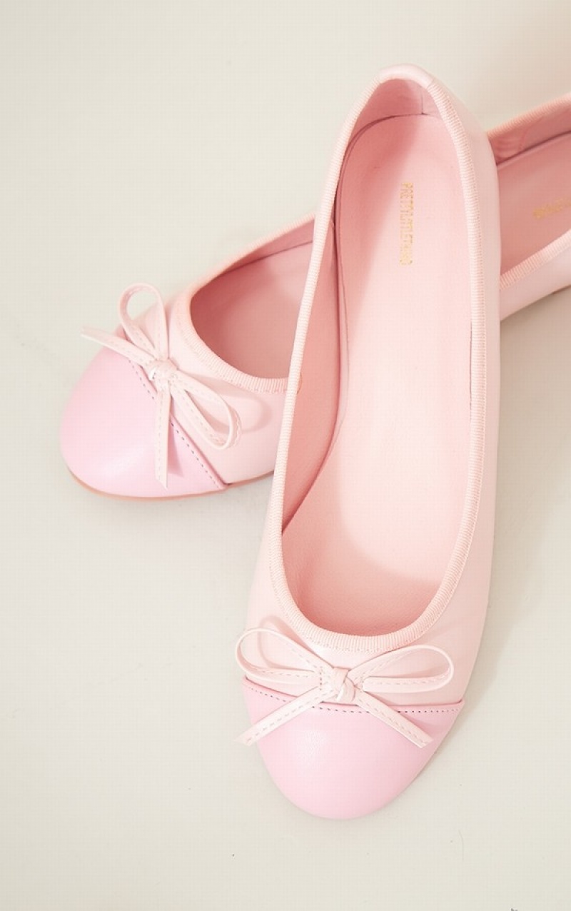 Pink Pretty Little Thing PU Contrast Toe Bow Detail Ballet Pumps | QVEWZAG-40