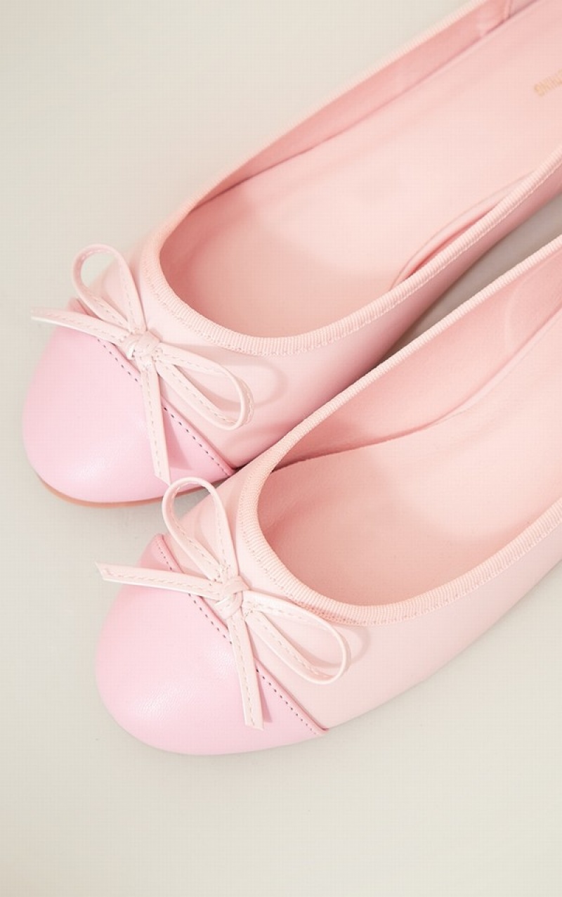 Pink Pretty Little Thing PU Contrast Toe Bow Detail Ballet Pumps | QVEWZAG-40