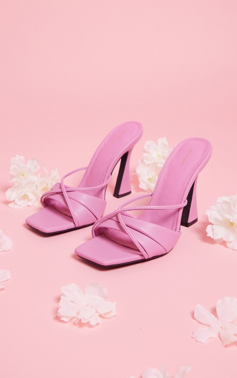 Pink Pretty Little Thing PU Square Toe Cross Strap Retro Styleeds Heels | AOWXLZS-68