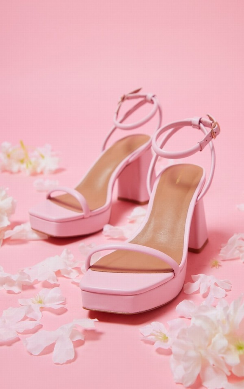 Pink Pretty Little Thing PU Square Toe Tube Barely There Strap Platforms Heels | IZCYQFD-80