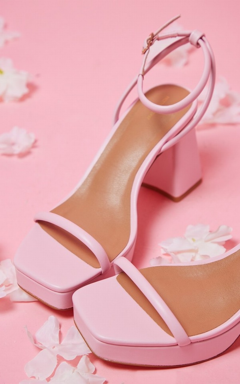 Pink Pretty Little Thing PU Square Toe Tube Barely There Strap Platforms Heels | IZCYQFD-80