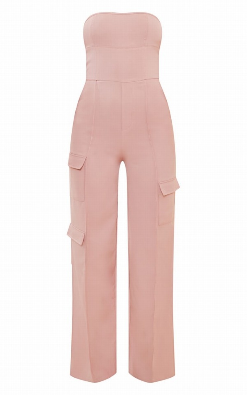 Pink Pretty Little Thing Pale Woven Cargo Bandeau Pocket Detail Jumpsuits | EZVDGIF-46