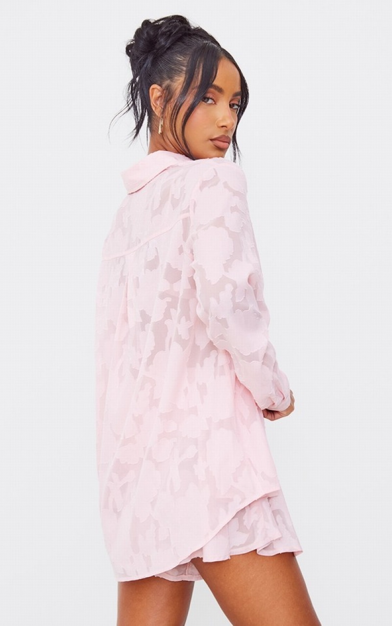 Pink Pretty Little Thing Pastel Sheer Floral TextuLong Sleeve Oversized Shirts | OYKIRWZ-57