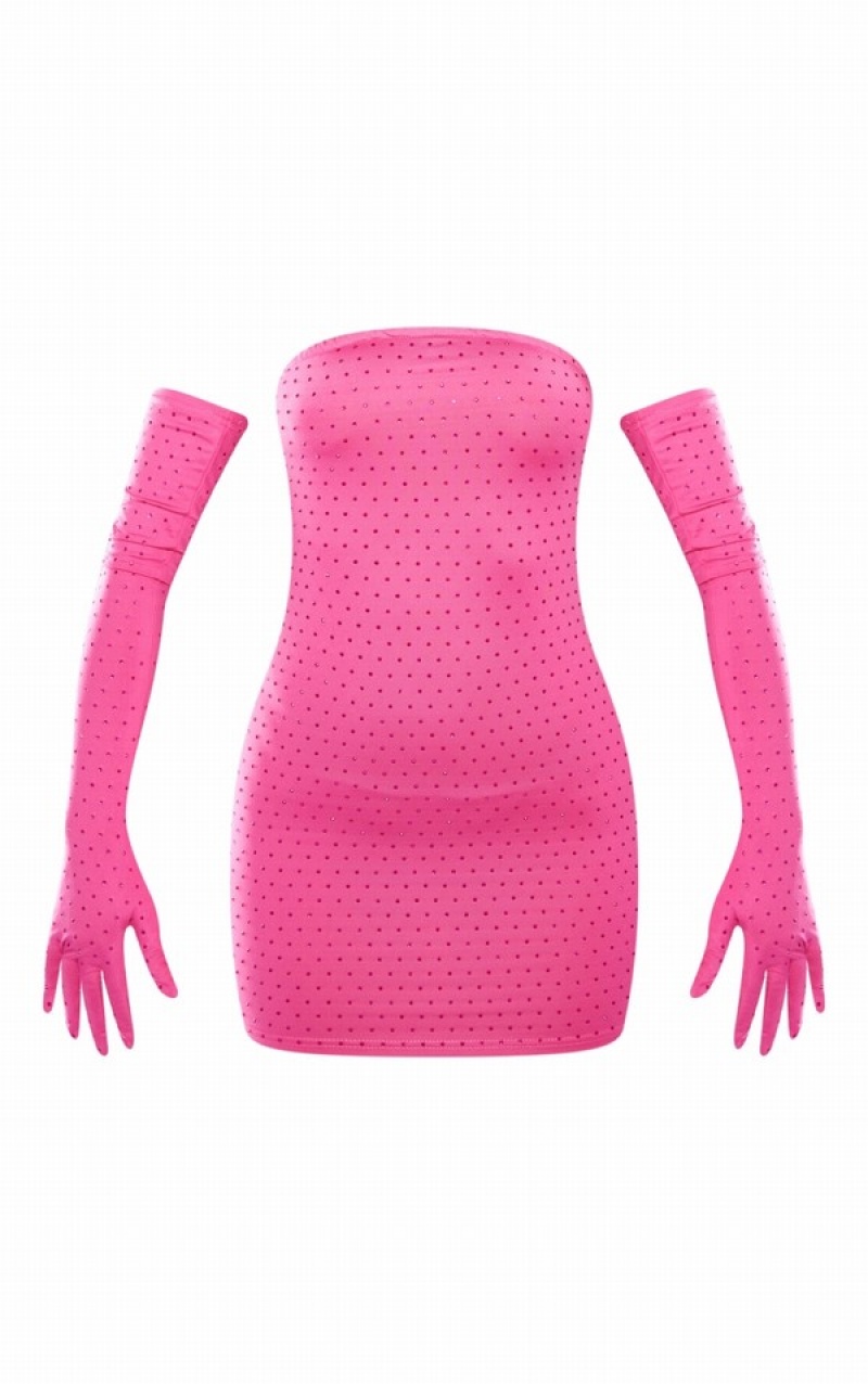 Pink Pretty Little Thing Petite Hot Diamante Bandeau With Gloves Dresses | REYFIWU-04