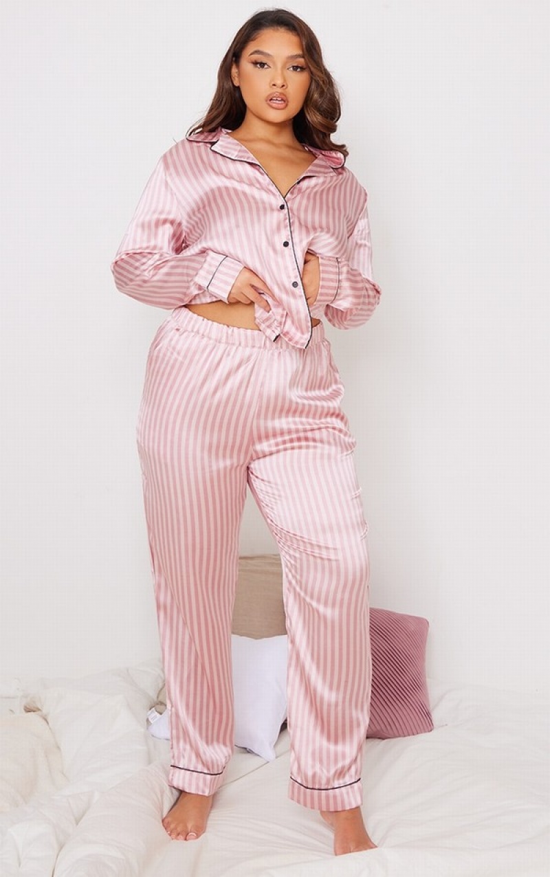 Pink Pretty Little Thing Plus Baby Long Striped Satin PJ Lingerie | WHTDCIA-65