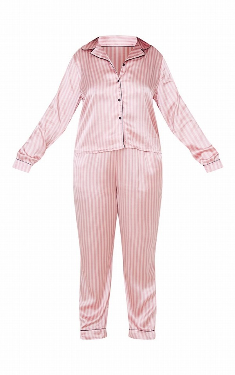 Pink Pretty Little Thing Plus Baby Long Striped Satin PJ Lingerie | WHTDCIA-65