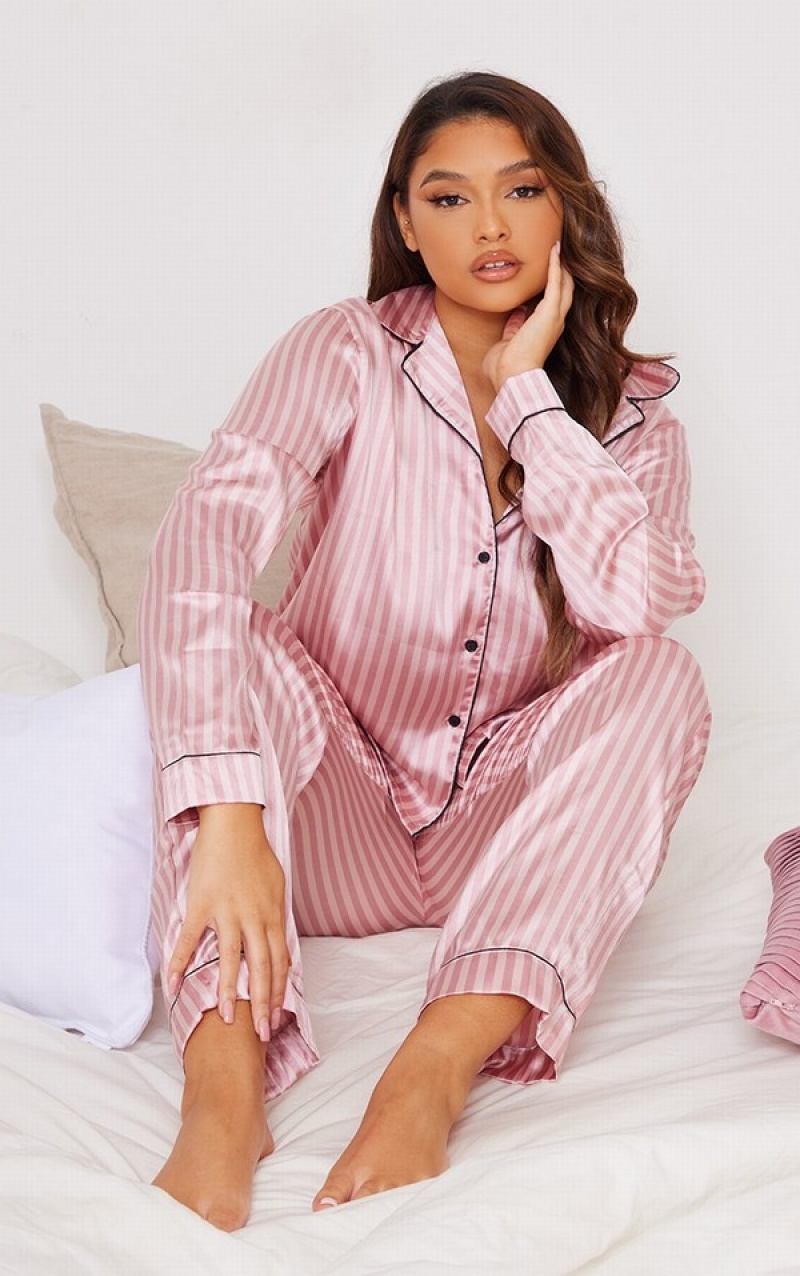 Pink Pretty Little Thing Plus Baby Long Striped Satin PJ Lingerie | WHTDCIA-65