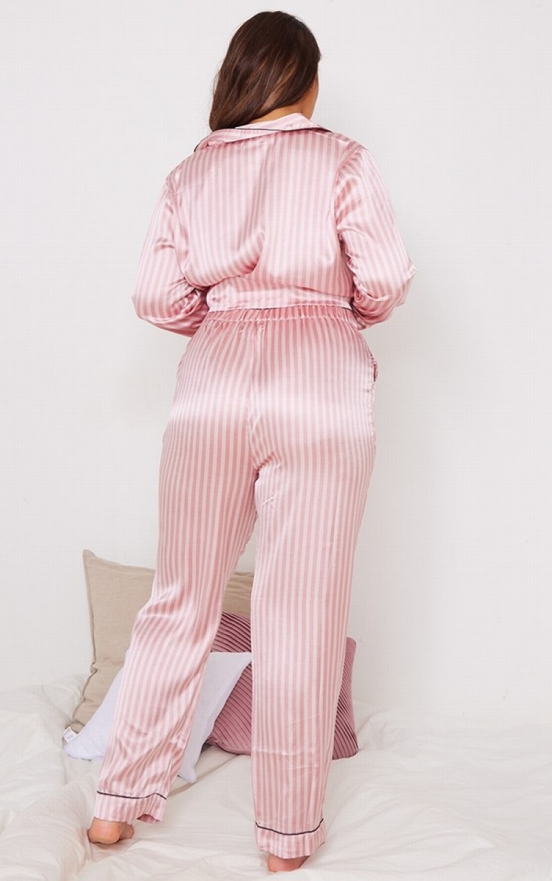 Pink Pretty Little Thing Plus Baby Long Striped Satin PJ Sleepwear | IHZYPAE-31