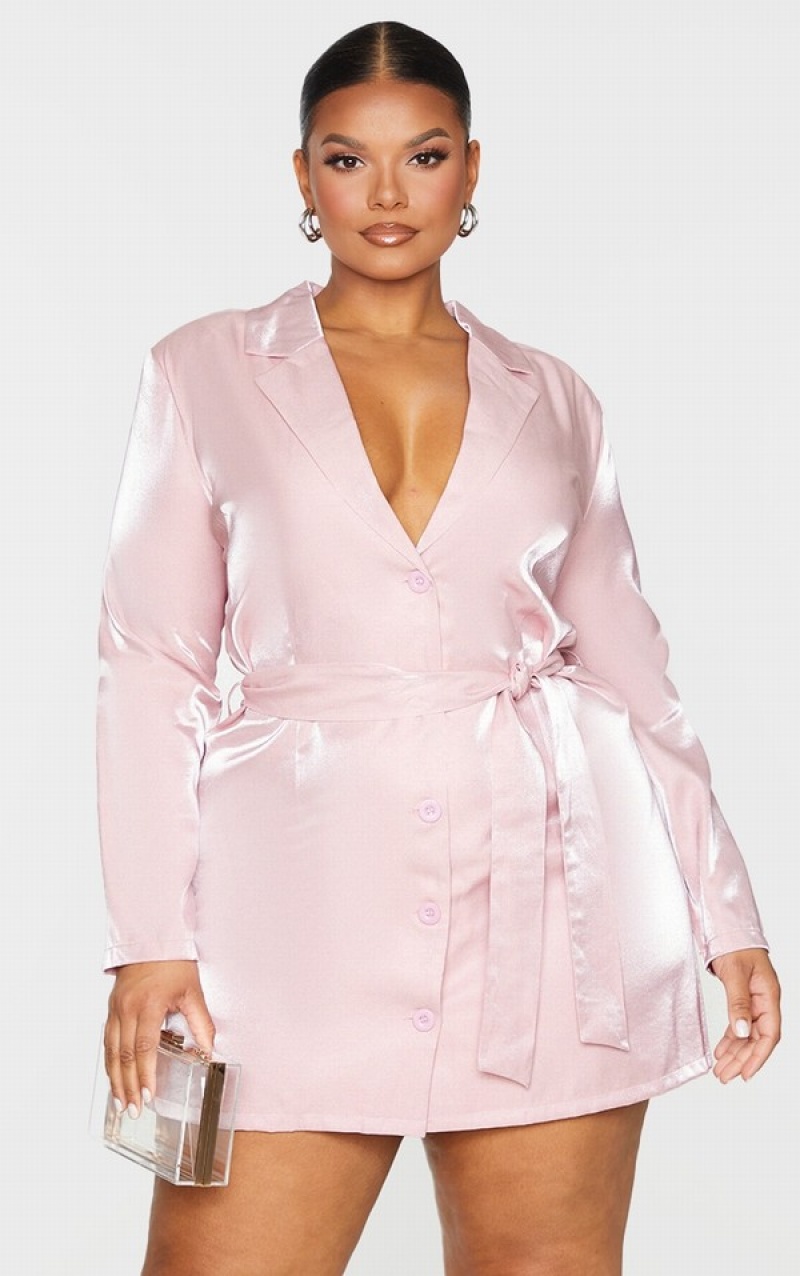 Pink Pretty Little Thing Plus Blush Shimmer Satin Tie Waist Dresses | FGSDLZA-67