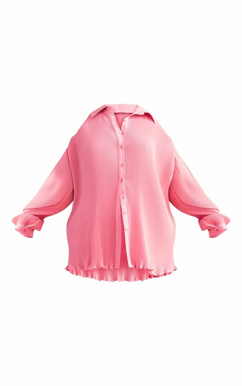 Pink Pretty Little Thing Plus Dusty Plisse Button Front Oversized Shirts | HWVXJZF-13