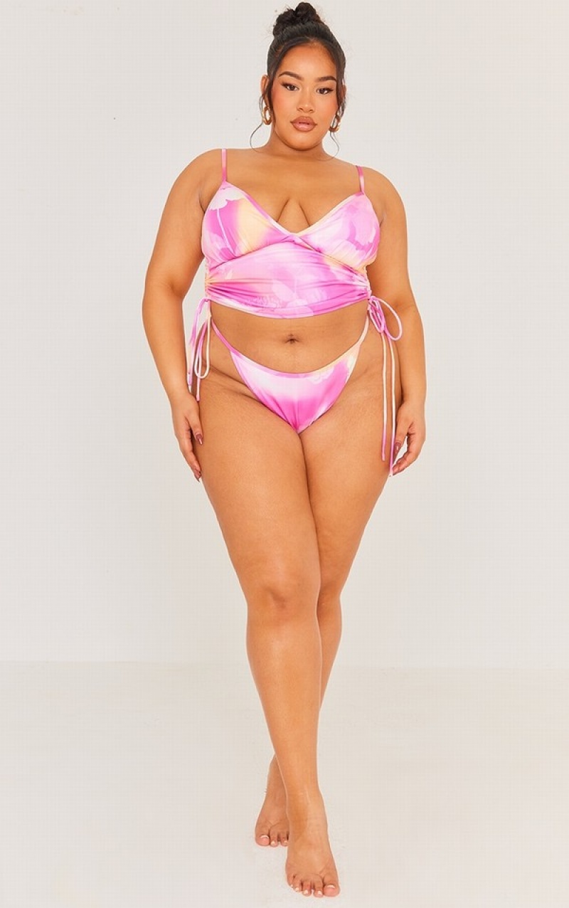 Pink Pretty Little Thing Plus Floral Longline Bikini Tops | AZQTVFJ-49