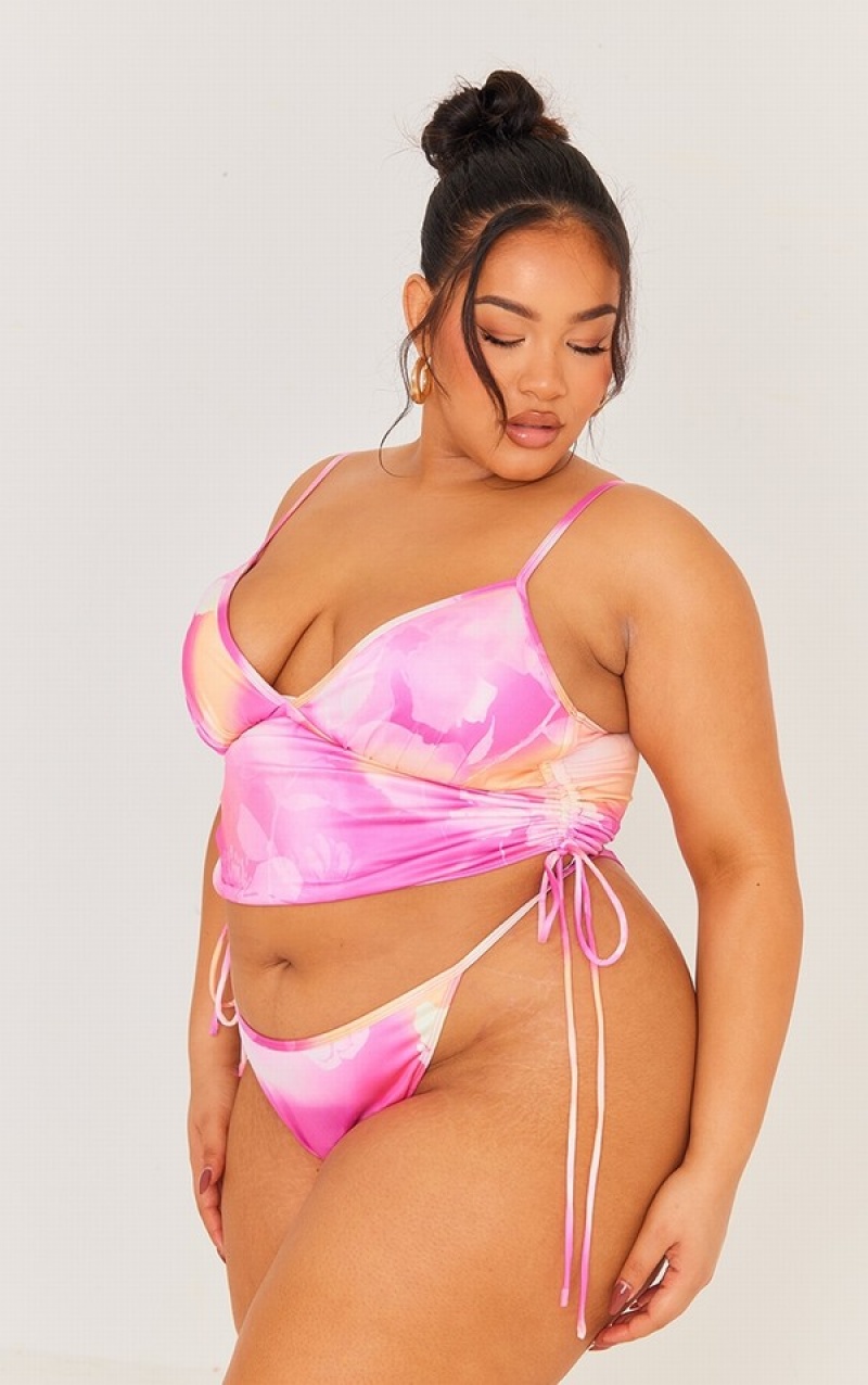 Pink Pretty Little Thing Plus Floral Longline Bikini Tops | AZQTVFJ-49