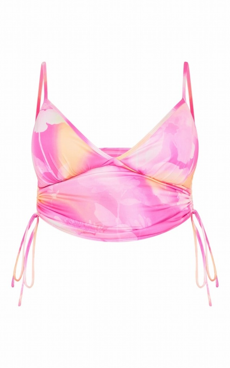 Pink Pretty Little Thing Plus Floral Longline Bikini Tops | AZQTVFJ-49